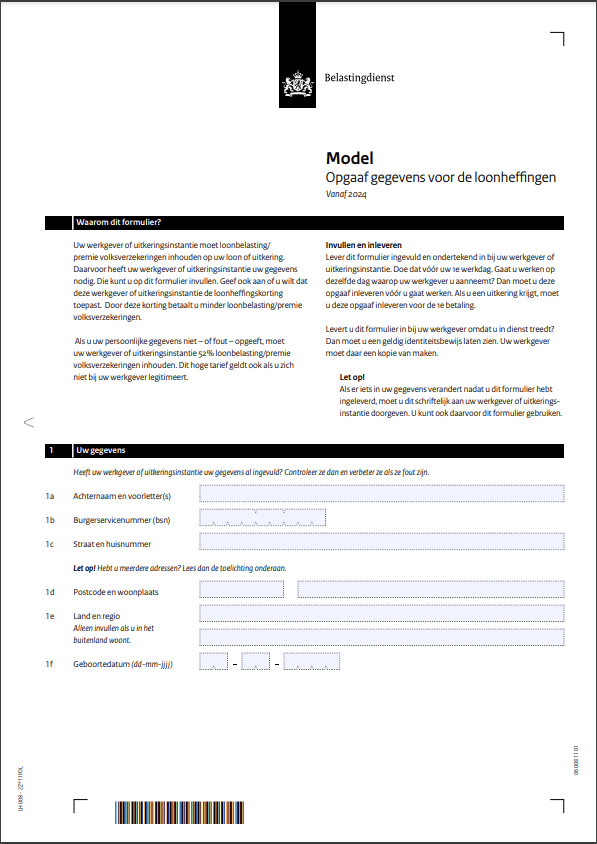 Pagina 1 van Model opgaaf gegevens voor de loonheffingen vanaf 2024