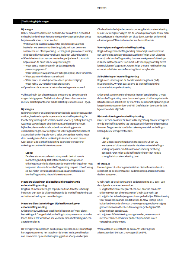 Pagina 3 toelichting bij de vragen van Model opgaaf gegevens voor de loonheffingen vanaf 2024