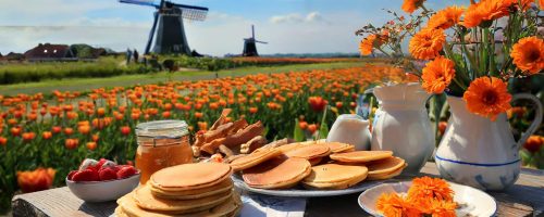 Firefly een soort typische nederlandse natuur achtergrond maken met oranje bloemen en een molen ver
