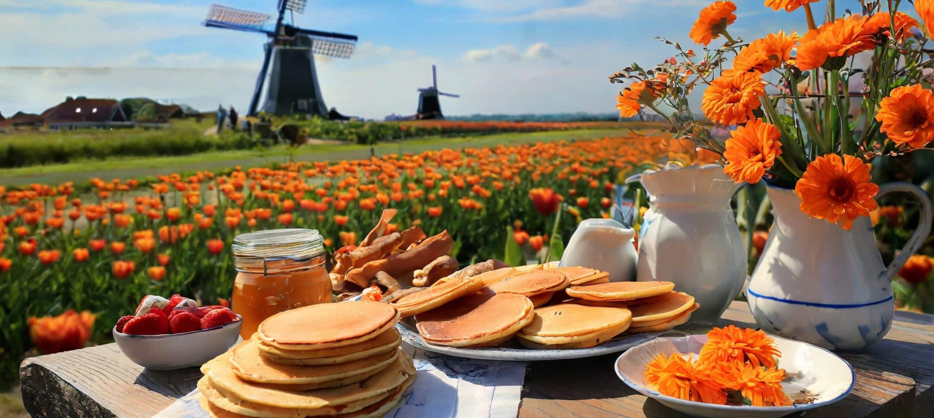 Firefly een soort typische nederlandse natuur achtergrond maken met oranje bloemen en een molen ver